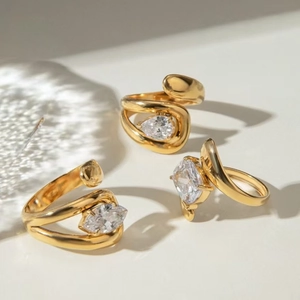 Irregular 18K gold plated stainless steel open ring with teardrop and marquise zircon