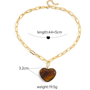 French vintage 18K gold stainless steel necklace with brown resin heart pendant