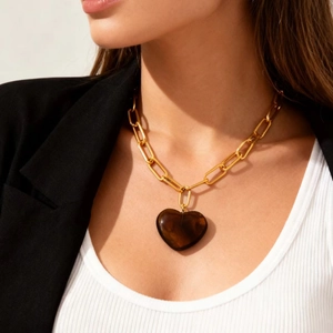 French vintage 18K gold plated paperclip chain necklace with large brown resin heart pendant