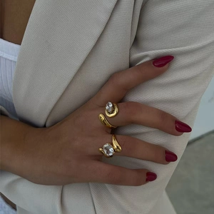 Minimalist 18K gold plated stainless steel irregular open rings with zircon stones