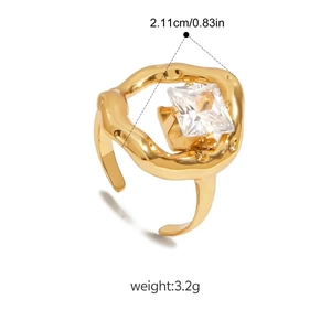 Irregular gold wave open ring with square zircon stone in 18K plated stainless steel