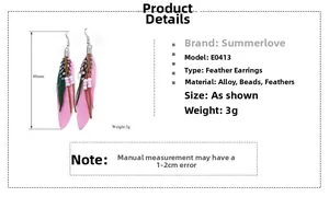 Detail of pink bohemian feather earrings with green spots, 80mm length and 3g weight