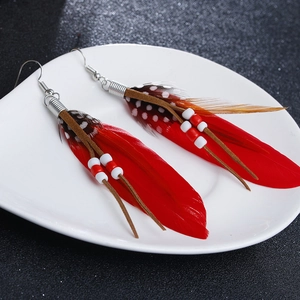 Detailed close-up of bohemian earrings with vibrant red feathers and beaded accents