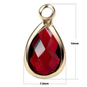 Detail view of red teardrop crystal pendant with gold plating and size measurements