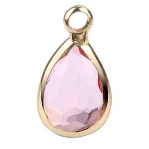 Detailed view of pink teardrop birthstone pendant with gold plated frame for DIY jewelry