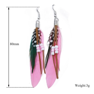 Pink bohemian feather earrings with long tassel beads, 80mm length and 3g lightweight
