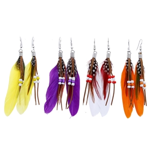 Bohemian feather earrings set with colorful beads and tassels in four vibrant ethnic styles