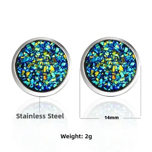 14mm runde Edelstahl-Ohrstecker mit blau-gold glänzenden Druzy-Kristallen für Damen