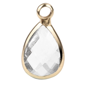 Detailed close-up of a pear-shaped glass birthstone pendant with golden metal plating