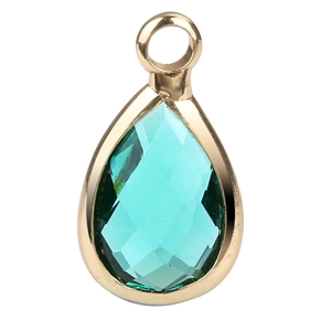 Detail of teardrop-shaped green faceted crystal pendant with gold-plated metal base
