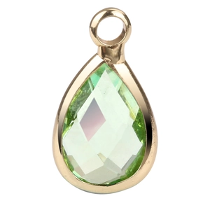 Polished gold teardrop pendant with a faceted light green birthstone glass crystal charm
