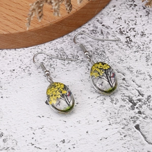 Detailed macro view of glass time gem earrings featuring yellow flowers and tree motifs