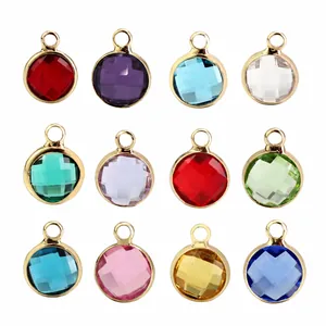 Set of 12 colorful round birthstone crystal pendants with gold edges for DIY jewelry