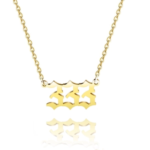Detailed view of gold stainless steel necklace with 333 angel number gothic pendant