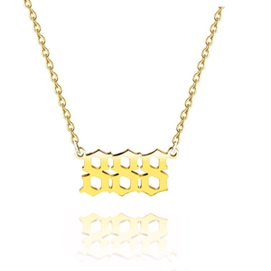 Gold stainless steel angel number 888 pendant necklace on a clean white reflective background