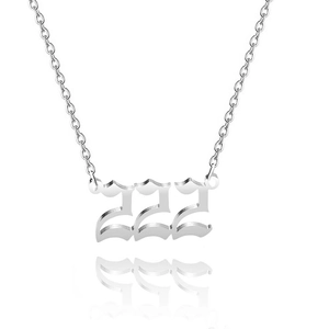 Silver 222 lucky number necklace in Old English font on a polished stainless steel chain