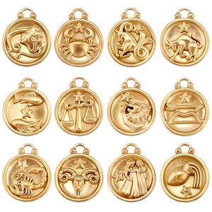Vintage Zodiac Stainless Steel Round Pendants Gold Plated Relief Constellation Charms For DIY Jewelry Making Accessories Unisex