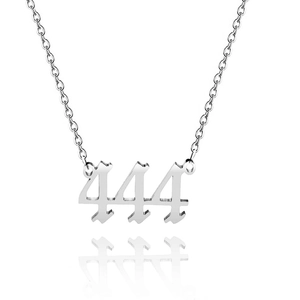 Macro shot of silver 444 angel number pendant in Old English font on stainless steel chain