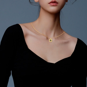 Detailed view of a gold compass pendant necklace worn by a model on a grey background