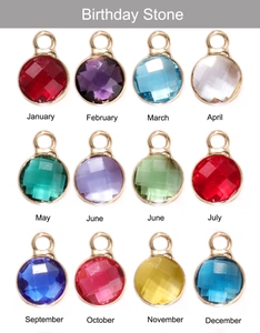Detail showing 12-color 6mm faceted crystal birthstone pendants with gold frames
