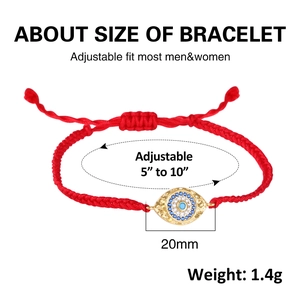 Detail showing red woven cord bracelet with zircon evil eye pendant and size dimensions