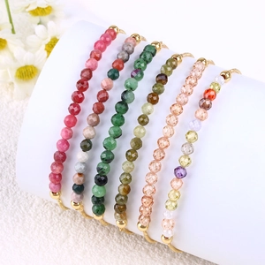 Stack of 4mm faceted natural stone crystal bead bracelets with gold snake chain for women