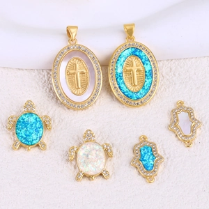 Copper 14K Gold Plated Rhinestone Turtle Cross Hamsa Hand Pendant For DIY Jewelry Making Blue White Opal Charms For Women