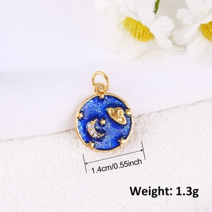 Starry sky round pendant with blue enamel, gold moon and star charms, 1.4cm diameter