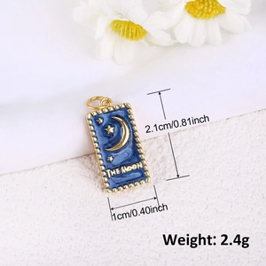 Tarot The Moon gold plated rectangle pendant with blue enamel and star moon patterns