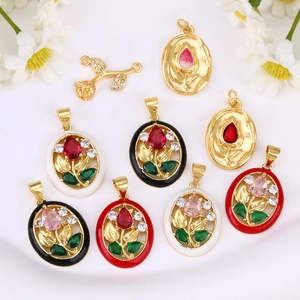 DIY Jewelry Pendants Copper Gold Plated Tulip Rose Flower Rhinestone Charms For Necklace Bracelet Earring Making Accessories