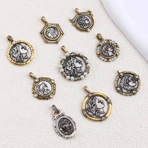 Vintage Greek Roman Coin Portrait Relief Pendant DIY Jewelry Accessories Copper Two Tone Hammered Zirconia Faux Artificial Pearl Charm