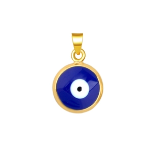 Detailed view of round gold-plated Evil Eye pendant with blue and white enamel inlay