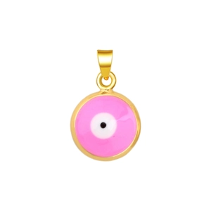 Detail of pink evil eye pendant with gold plating and enamel finish for jewelry making