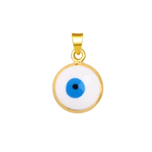 Macro detail of gold-plated evil eye pendant with blue enamel for DIY jewelry