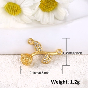 Gold plated rose flower pendant with cubic zirconia for DIY jewelry making 2.1x1.3cm
