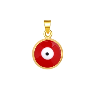 Macro shot of gold-plated Evil Eye pendant with vibrant red enamel and detailed center