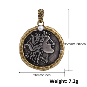 Vintage gold coin pendant with silver relief, pearl inlay and 35mm height dimension