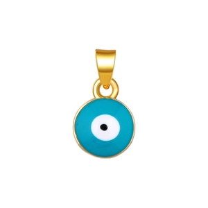 Macro shot of gold-plated evil eye pendant with blue enamel and polished bail details