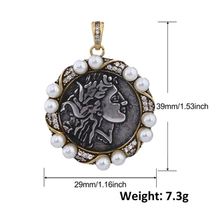 Detailed view of vintage coin pendant with pearls and dimensions 39mm by 29mm