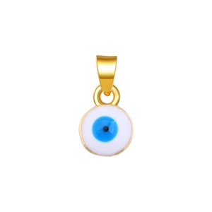 Close-up of gold-plated evil eye pendant with blue enamel and polished metal bail