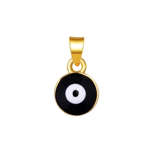 Macro shot of circular evil eye pendant with black and white enamel and gold plating