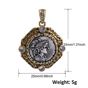Detailed view of a vintage coin pendant featuring a Greek portrait and zircon inlays
