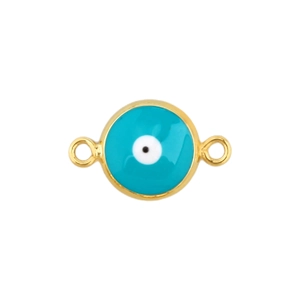 Macro shot of gold-plated evil eye charm connector with blue enamel and dual hanging rings
