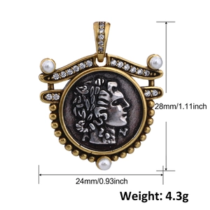 Detail view of 28mm x 24mm vintage coin pendant with pearls, crystals and relief
