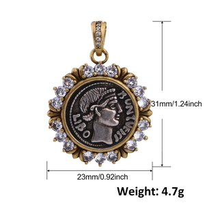 Vintage Greek goddess coin pendant with zircon frame showing 31mm height measurements
