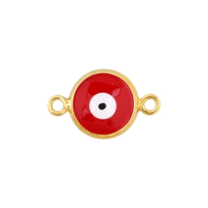 Red evil eye charm pendant with gold plating and double rings for DIY jewelry making