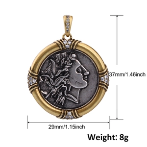 Detailed size specifications of an antique coin pendant with relief portrait and crystals