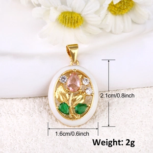 Gold-plated tulip floral pendant with pink and green crystals and white enamel finish