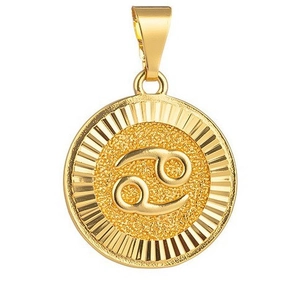 Vintage golden circular Cancer zodiac pendant necklace with radiant embossed details