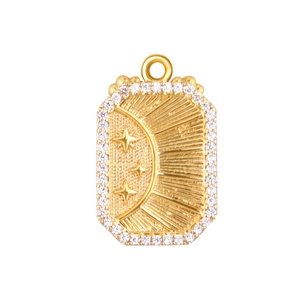 Detailed view of gold plated celestial pendant with crescent moon, stars and zircon frame